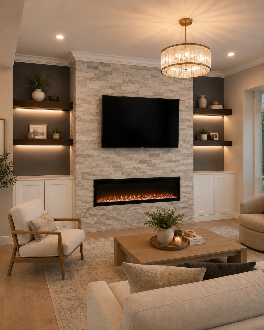 Left-angle finished view of the Mount Dora Custom Fireplace TV Wall showing the natural stacked-stone center, mounted TV, linear electric fireplace, two dark floating shelves on each side, warm under-shelf lighting, and white custom cabinets.