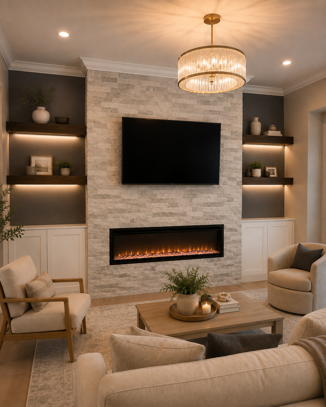 Right-angle finished view of the Mount Dora Custom Fireplace TV Wall with light gray-and-white natural stone, symmetrical dark floating shelves, charcoal-gray painted niche walls, integrated warm lighting, and two-door white base cabinets.