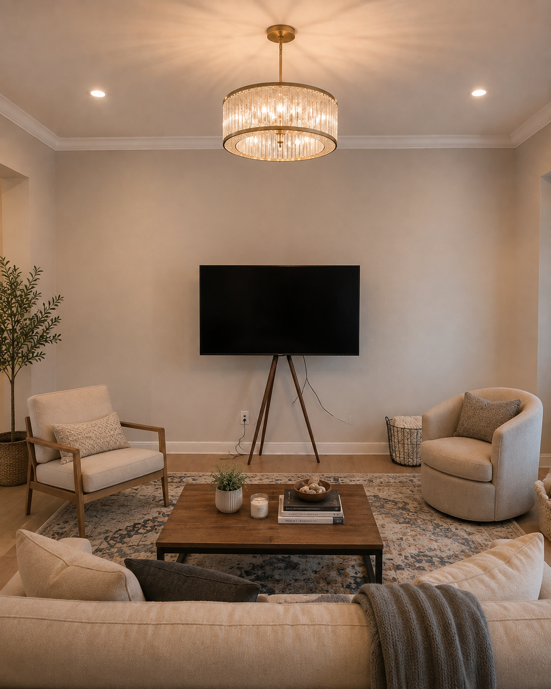 Before view of the Mount Dora living room showing a blank warm-gray wall with a television on a tripod stand before the custom fireplace TV wall, stone cladding, shelving, cabinets, and electric fireplace were added.