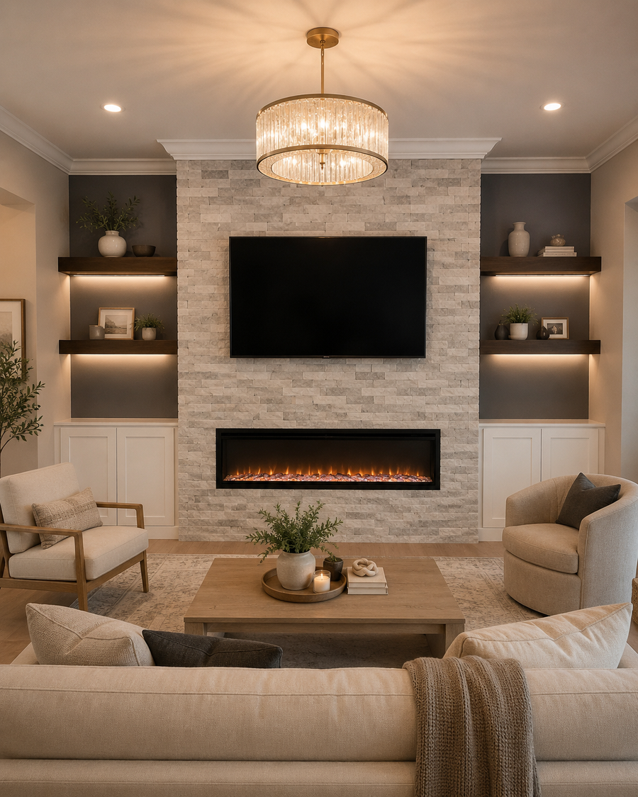 Completed Mount Dora Custom Fireplace TV Wall in a living room with a full-height light gray-and-white natural stacked-stone center, mounted TV, linear electric fireplace, dark floating shelves, charcoal-gray side niches, warm lighting, and white custom base cabinets.
