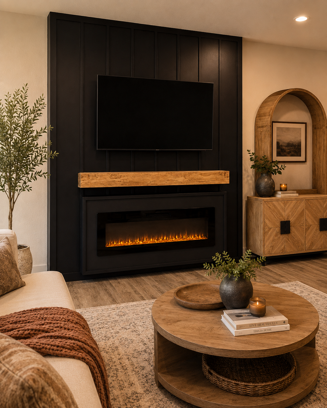 Left-angle view of the completed Naples Custom Fireplace TV Wall with a deep charcoal-black vertical batten treatment, wall-mounted TV, stained wood mantel, and long linear electric fireplace.