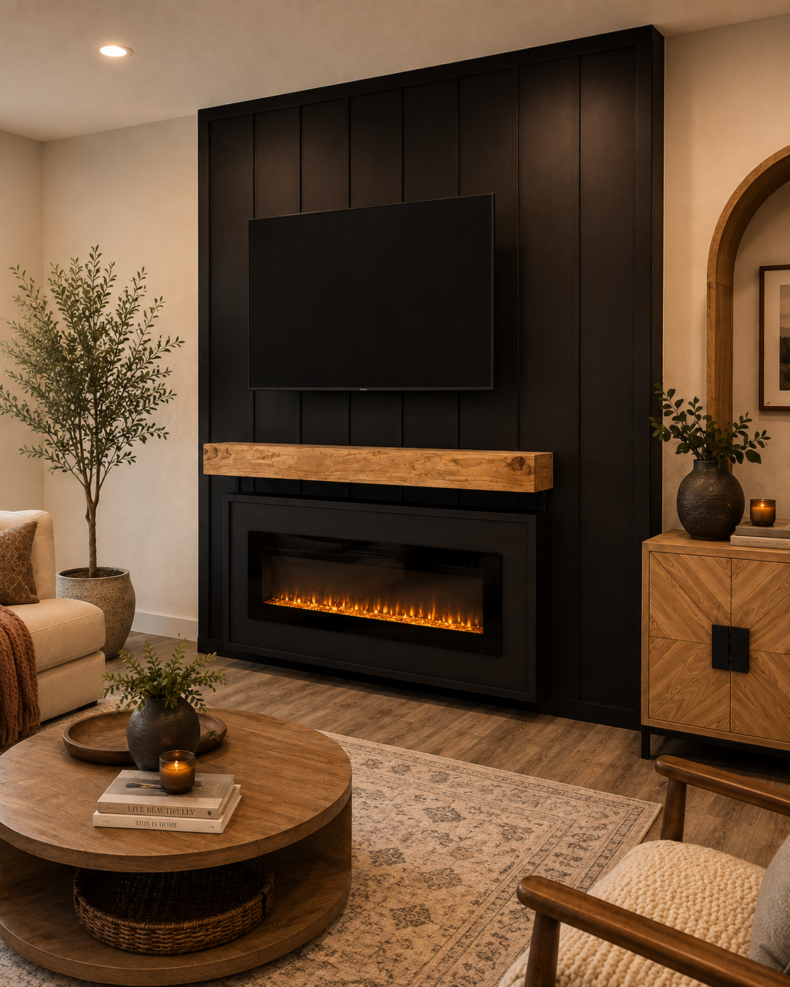 Right-angle view of the completed Naples Custom Fireplace TV Wall with dark vertical battens, wall-mounted TV, warm stained wood mantel, custom fireplace surround, and long electric fireplace.