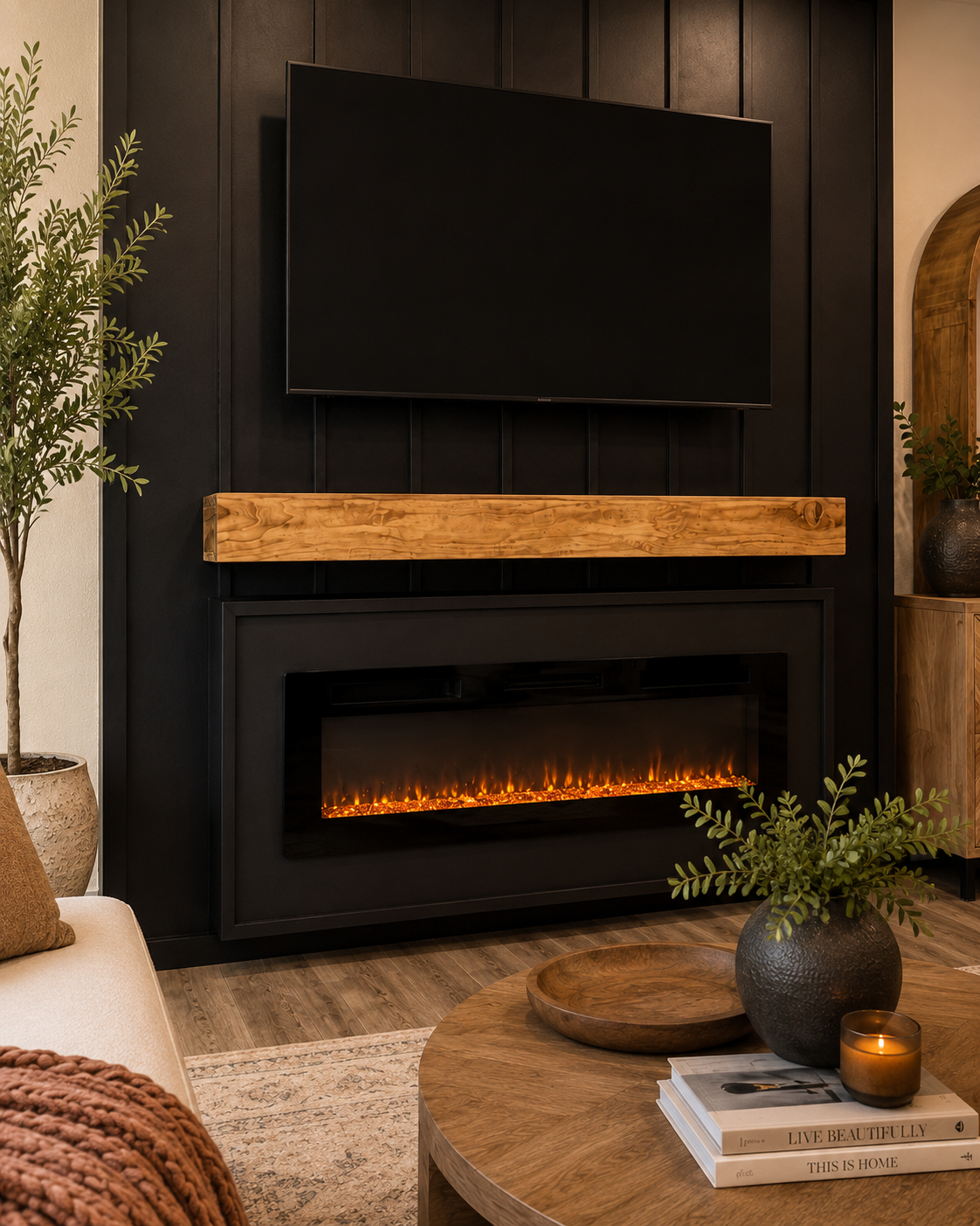 Detail of the Naples Custom Fireplace TV Wall with dark vertical battens, wall-mounted TV, stained wood mantel, custom dark fireplace surround, and linear electric fireplace.