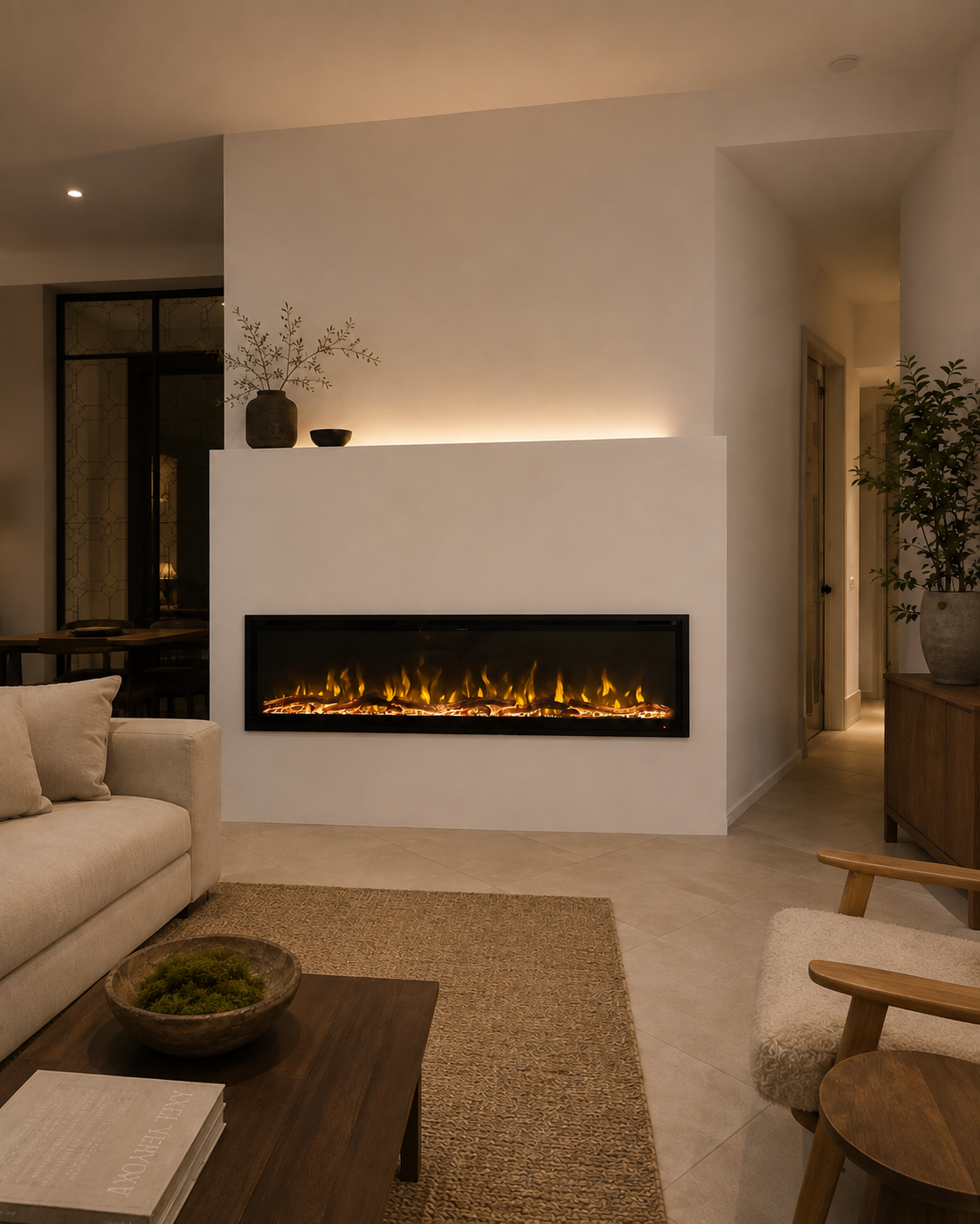 Left-angle view of the completed Oviedo Custom Fireplace Wall showing the partial-height drywall structure, long linear electric fireplace, warm-white finish, top display ledge, and adjustable LED wall-wash lighting.