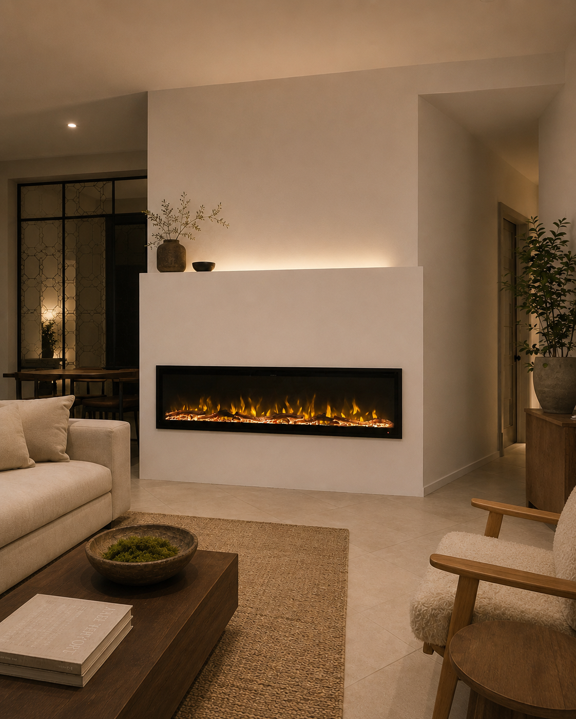 Right-angle view of the completed Oviedo Custom Fireplace Wall with a compact projecting drywall structure, long linear electric fireplace, warm-white paint finish, and dimmable tunable-white LED lighting at the top ledge.