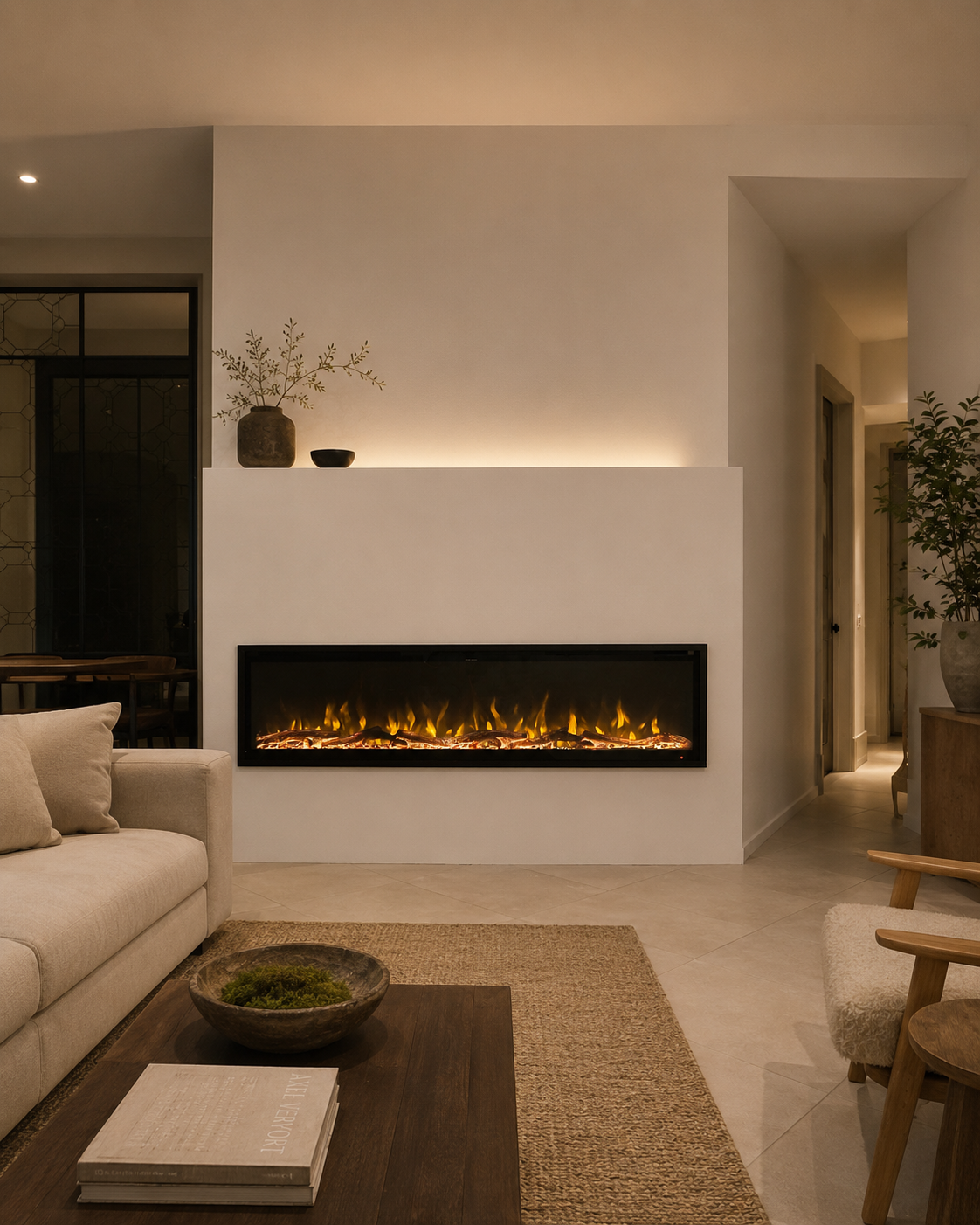 Completed Oviedo Custom Fireplace Wall with a partial-height projecting drywall structure, long linear electric fireplace, warm-white finish, and integrated tunable-white LED accent lighting along the top display ledge.