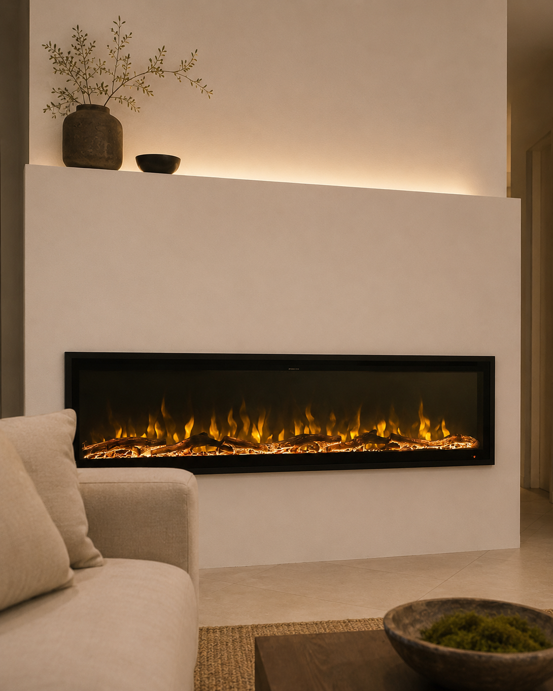 Detail view of the Oviedo Custom Fireplace Wall showing the long linear electric fireplace, clean warm-white drywall surround, shallow top display ledge, and concealed tunable-white LED accent lighting.