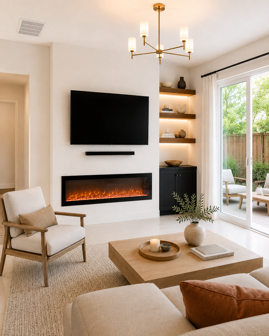 Left-angle finished view of the Sarasota Custom Fireplace TV Wall showing the full-height warm-white drywall feature, wall-mounted TV, linear electric fireplace, illuminated wood shelves, custom dark cabinet, and sliding glass door.