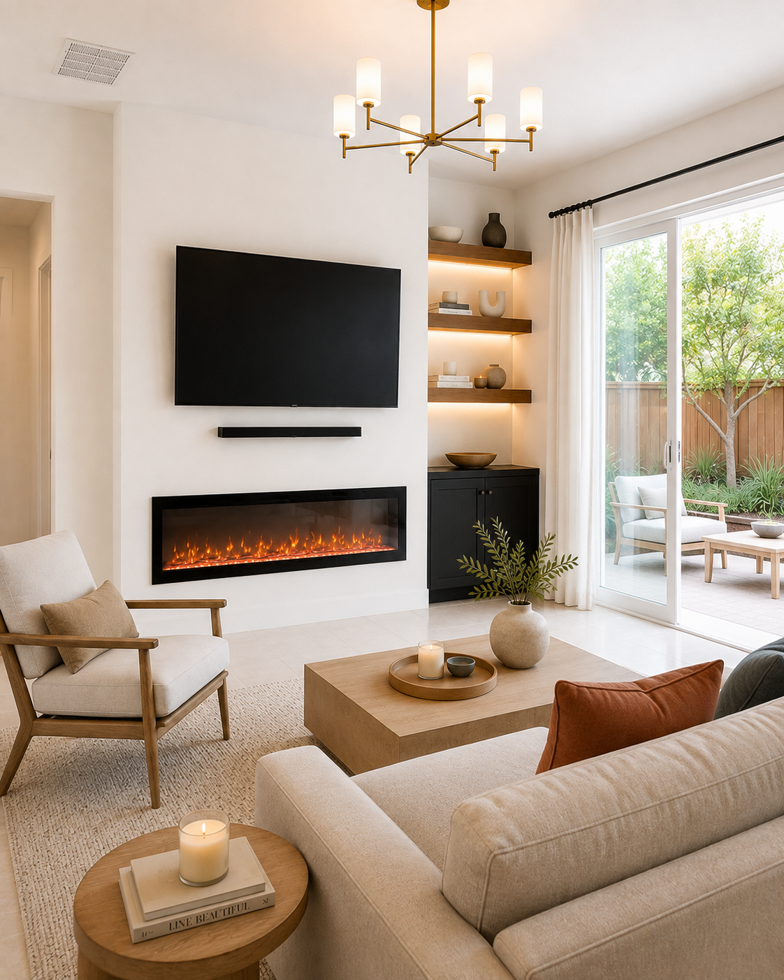 Right-angle finished view of the Sarasota Custom Fireplace TV Wall with a warm-white full-height drywall feature, mounted TV, long linear electric fireplace, three illuminated floating wood shelves, and custom two-door cabinet.
