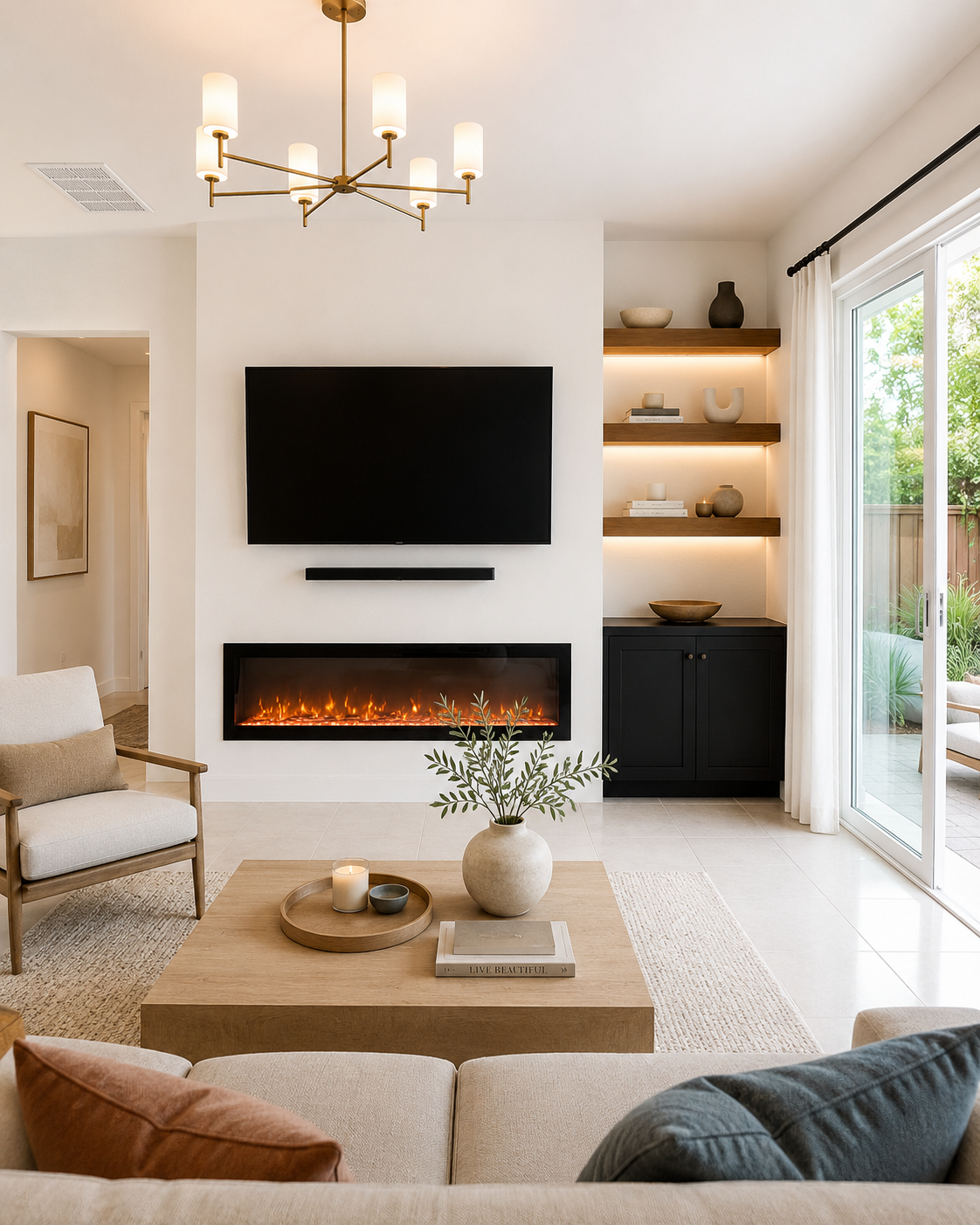 Completed Sarasota Custom Fireplace TV Wall with a full-height warm-white drywall feature, wall-mounted TV, long linear electric fireplace, slim floating media shelf, three illuminated wood floating shelves, and a custom two-door cabinet beside the sliding glass door.