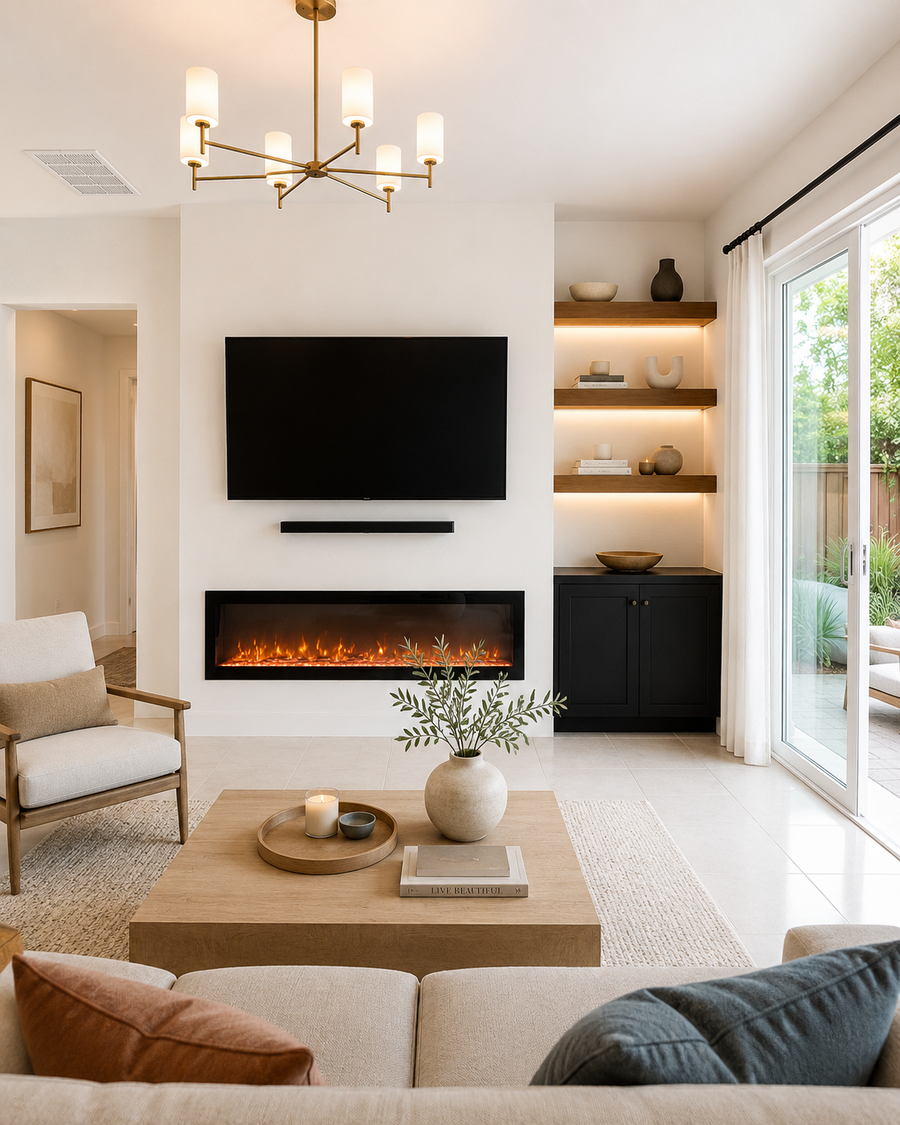 Completed Sarasota Custom Fireplace TV Wall with a full-height warm-white drywall feature, wall-mounted TV, long linear electric fireplace, slim floating media shelf, three illuminated wood floating shelves, and a custom two-door cabinet beside the sliding glass door.