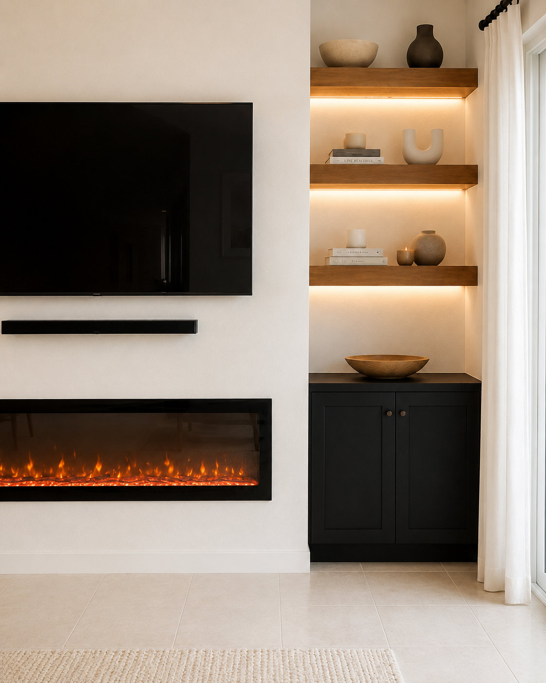 Detail view of the Sarasota Custom Fireplace TV Wall showing the wall-mounted TV, slim floating media shelf, long linear electric fireplace, three warm wood floating shelves with integrated downlighting, and custom dark two-door cabinet with painted wood countertop.