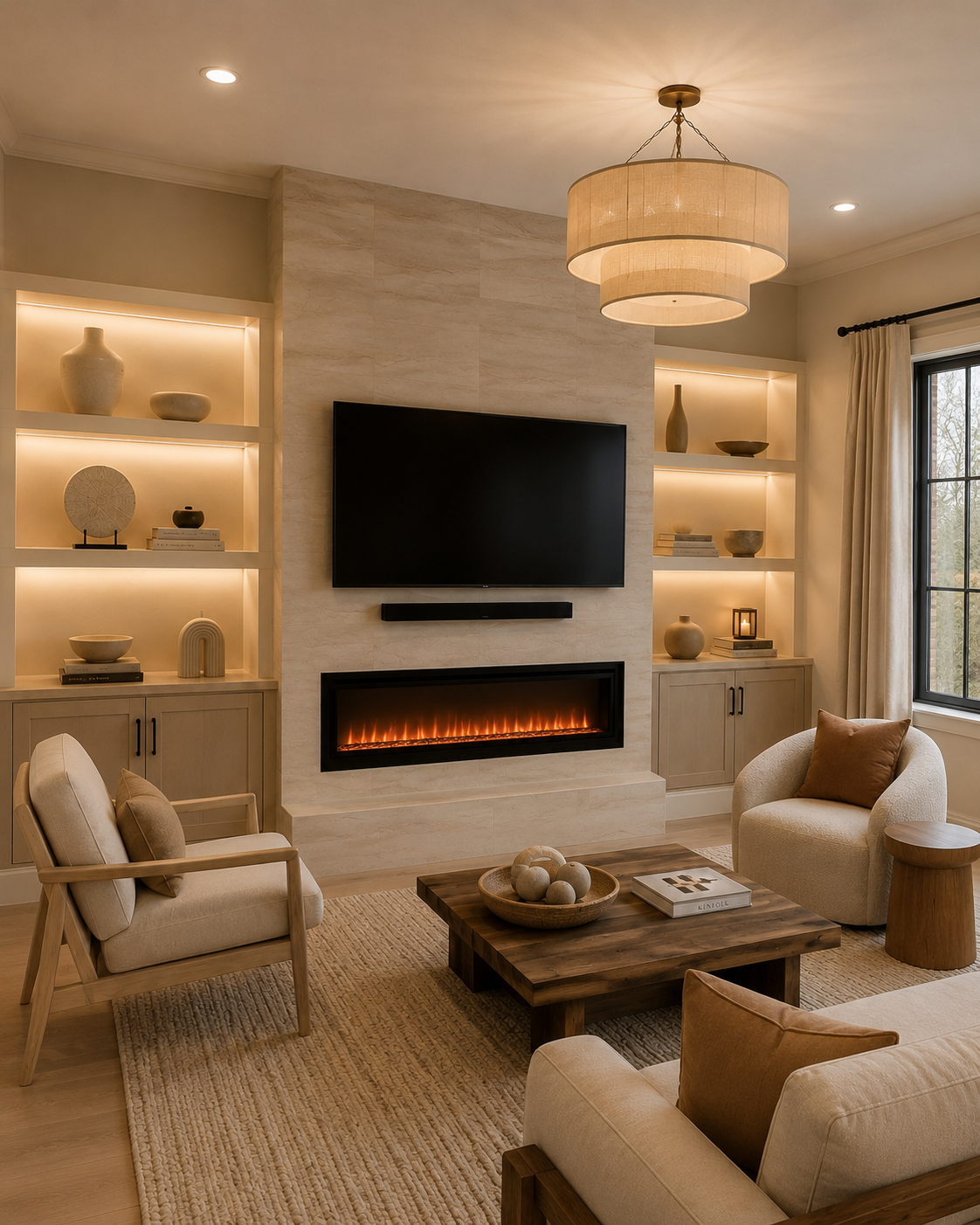 Left-angle finished view of the St. Cloud Custom Fireplace TV Wall with ivory stone-look tile, wall-mounted TV, linear electric fireplace, raised hearth, warm-lit side display shelves, and custom wood cabinetry.