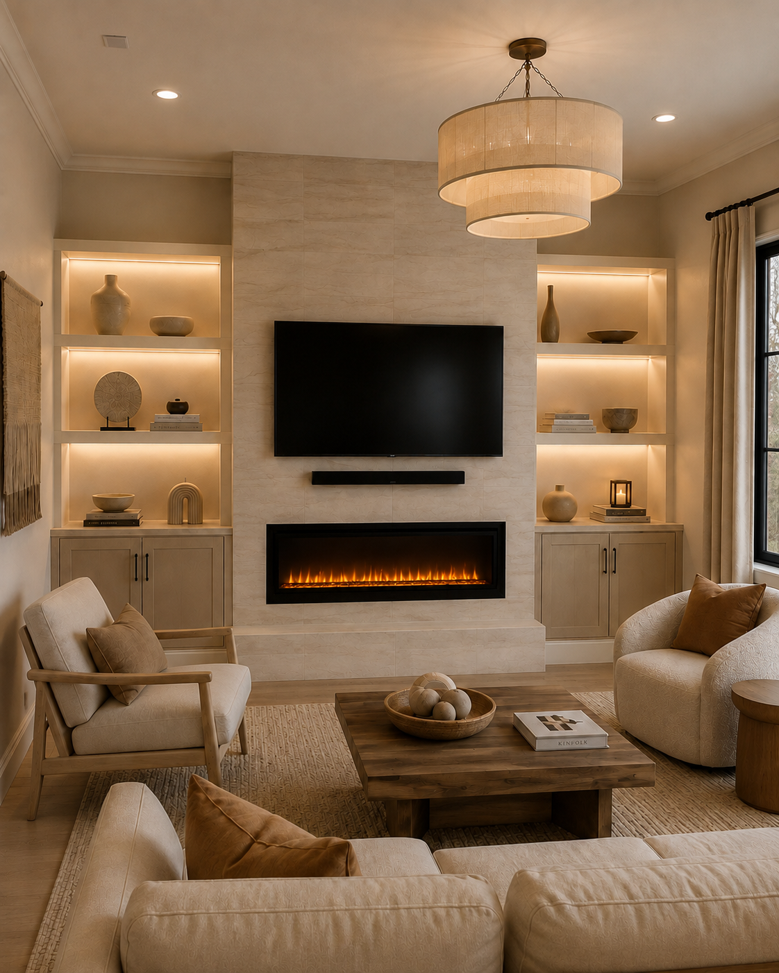 Right-angle finished view of the St. Cloud Custom Fireplace TV Wall showing the full-height tiled center, mounted TV, slim media shelf, linear electric fireplace, raised tiled hearth, illuminated built-ins, and custom wood cabinets.