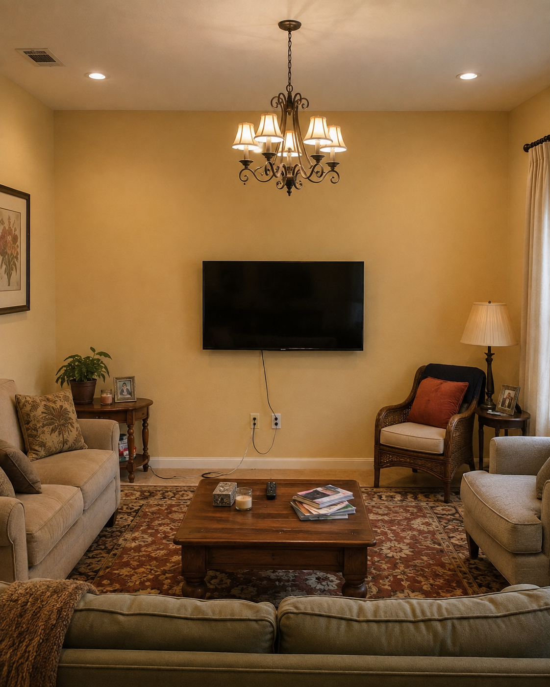 Before view of the St. Cloud living room with a TV mounted on a yellow wall, visible hanging cables and outlets below, freestanding furniture at the sides, and no fireplace or built-in storage.