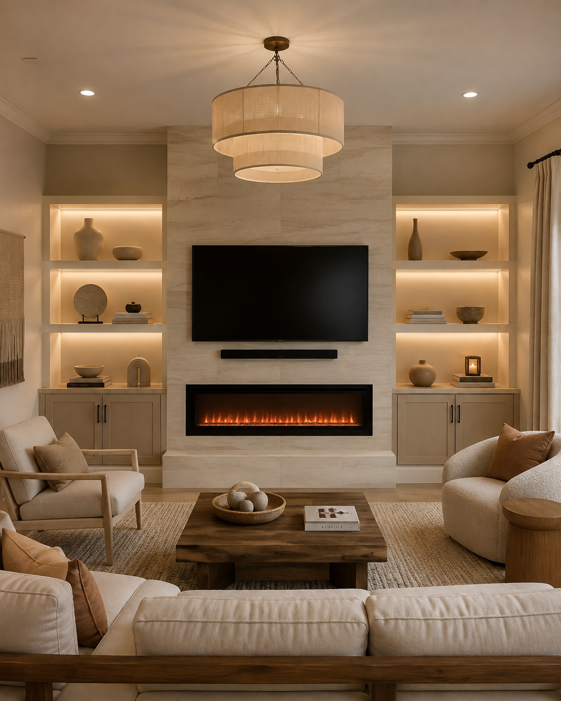 Completed St. Cloud Custom Fireplace TV Wall in a living room with full-height ivory stone-look tile cladding, a wall-mounted TV, slim floating media shelf, long linear electric fireplace, raised tiled hearth, illuminated side shelving, and custom wood cabinetry.