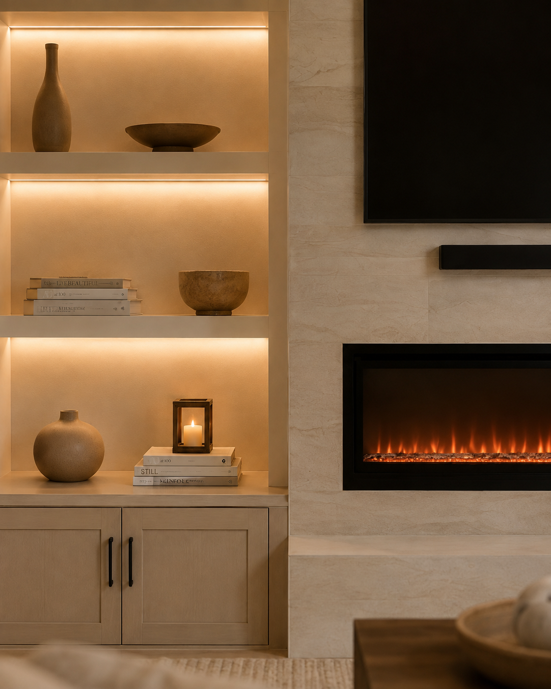 Detail of the St. Cloud Custom Fireplace TV Wall showing warm illuminated display shelves, light wood-tone cabinetry, white-painted shelf framing, ivory stone-look tile, and the linear electric fireplace.