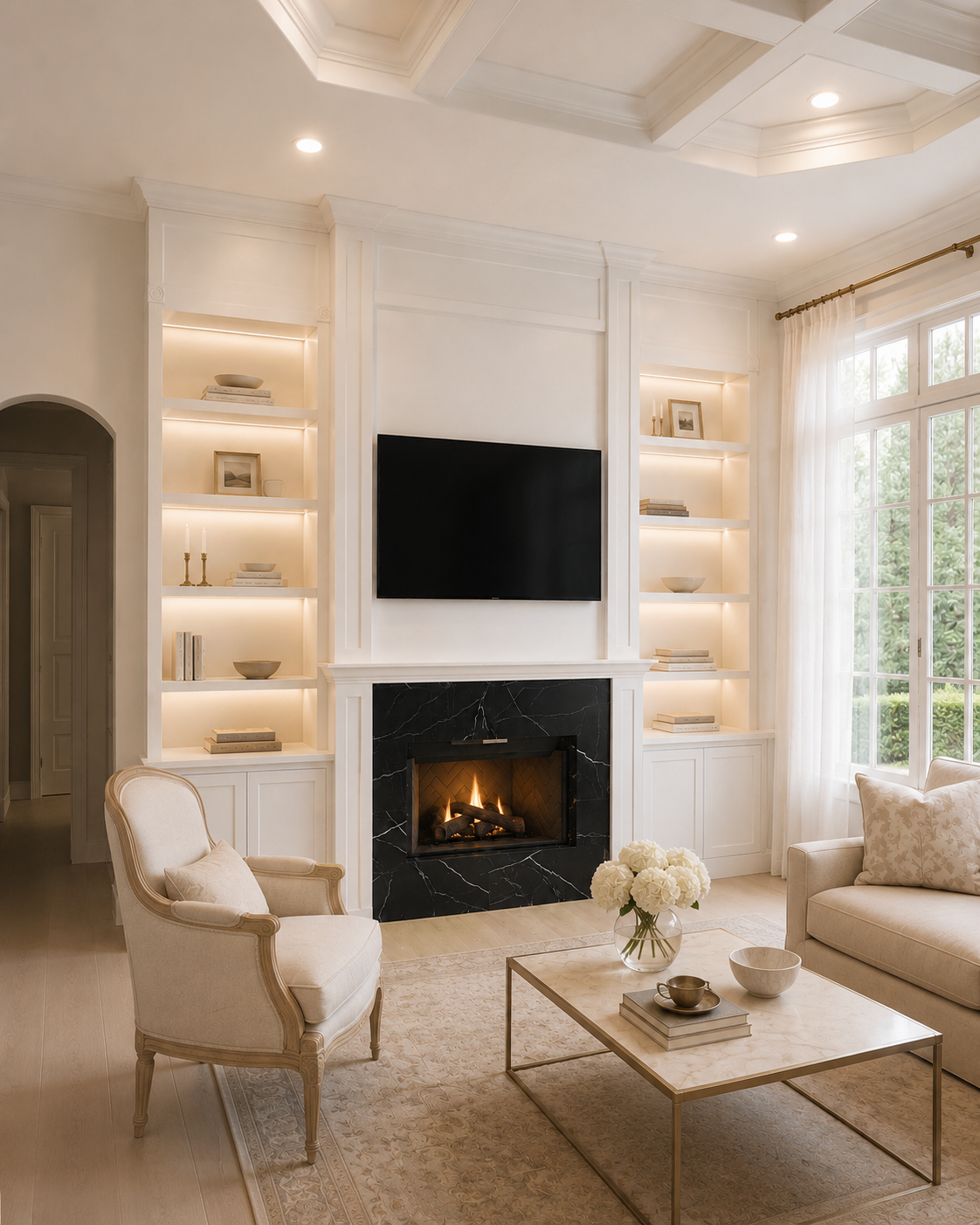 Left-angle finished view of the Windermere Custom Fireplace TV Wall with the retained fireplace, black marble-look surround, recessed TV niche, classical white trim, warm-lit built-in shelves, and custom cabinetry.