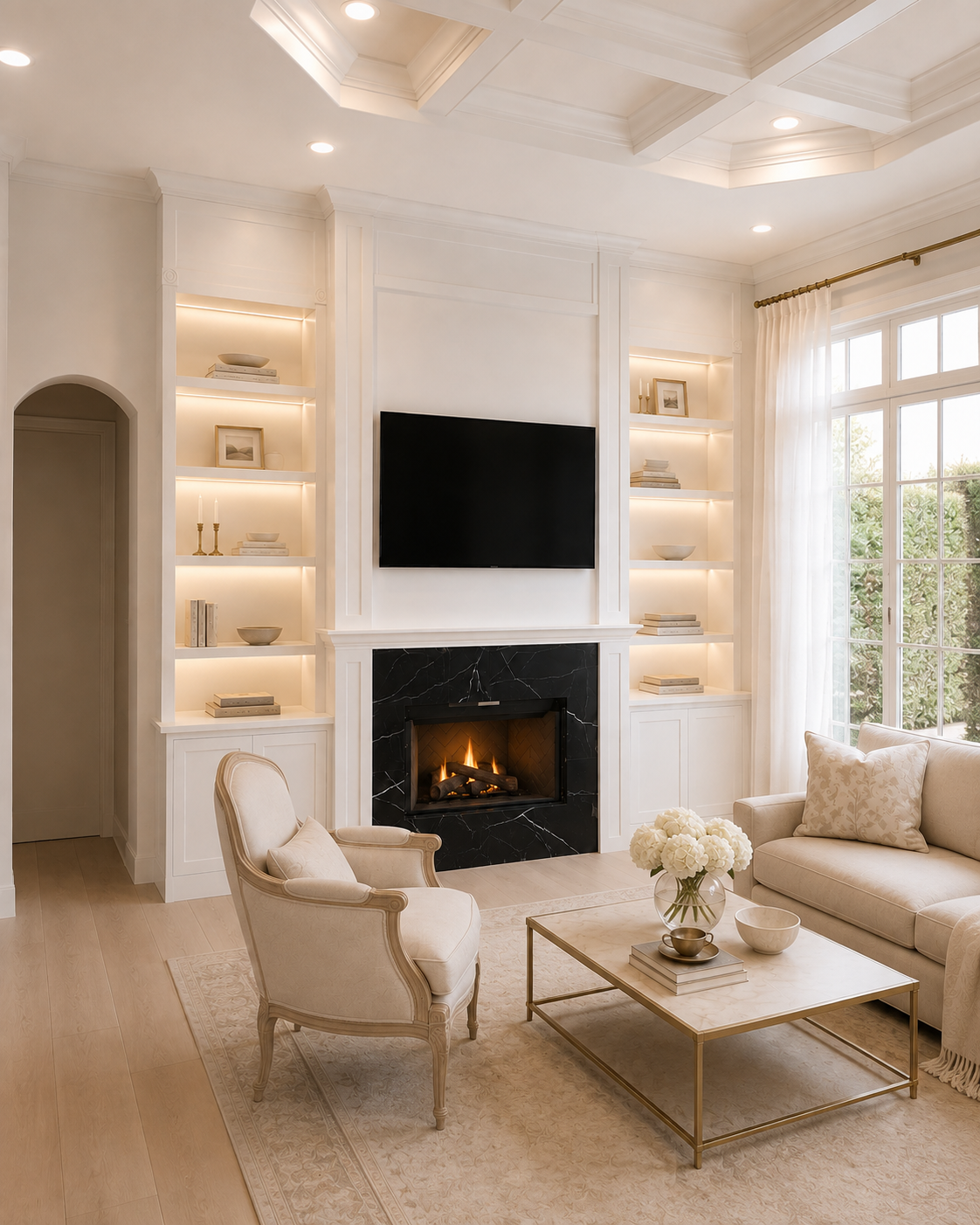 Right-angle finished view of the Windermere Custom Fireplace TV Wall with a retained fireplace, dark marble-look surround, wall-mounted TV in a recessed niche, illuminated floor-to-ceiling shelving, and white custom cabinetry.