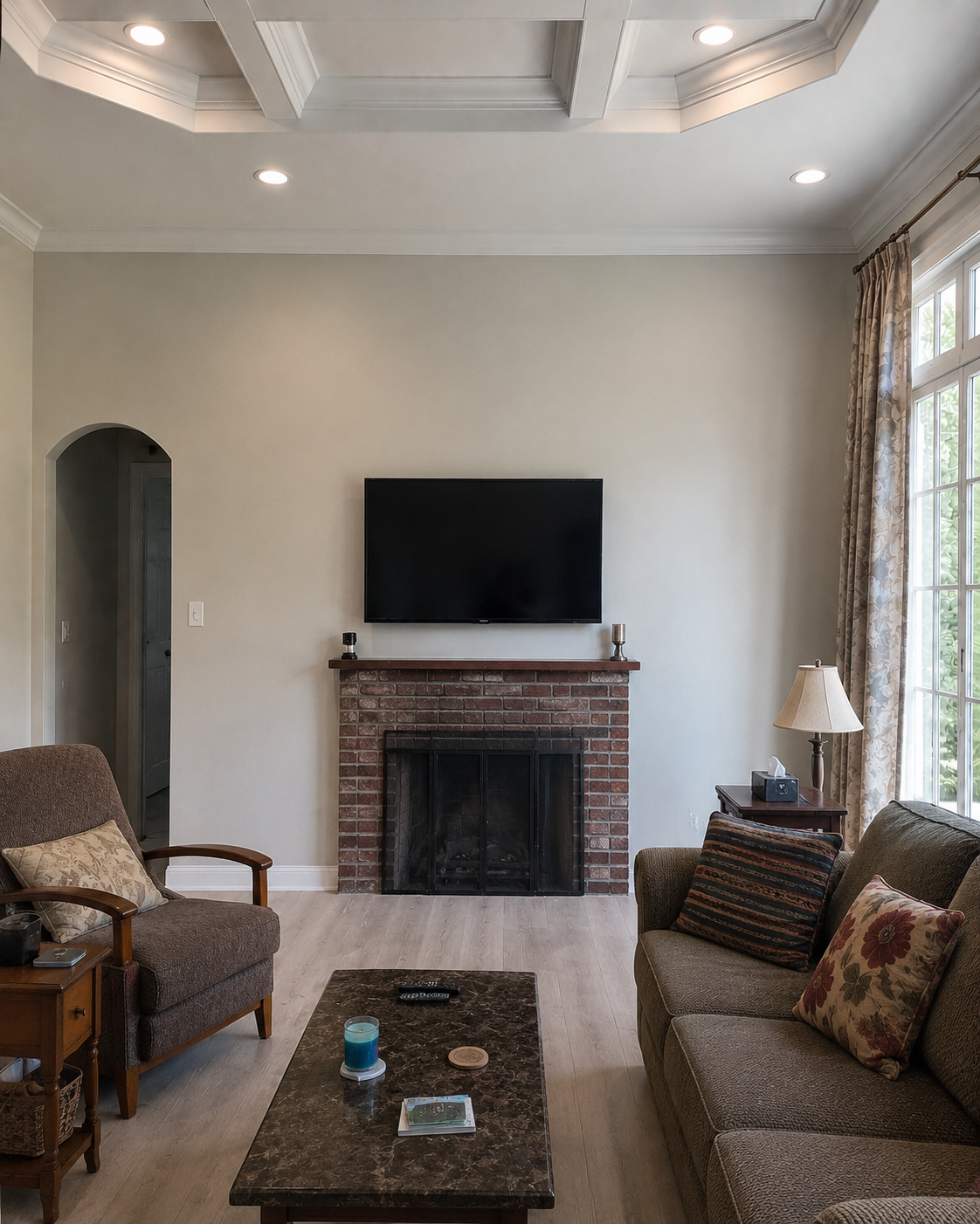 Before view of the Windermere living room with a wall-mounted TV above the existing fireplace, a simple gray-white wall, an arched opening on the left, and no custom built-ins or illuminated shelving.