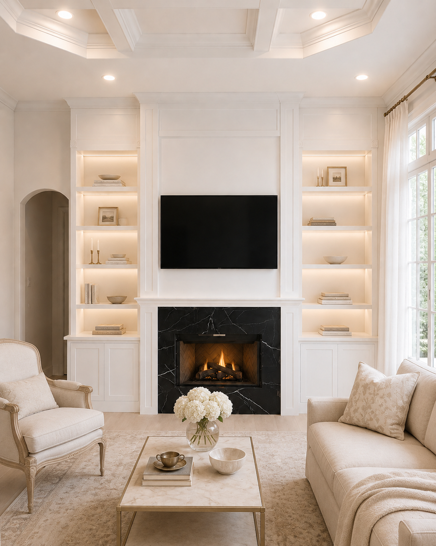 Completed Windermere Custom Fireplace TV Wall in a bright living room with a retained traditional fireplace, black marble-look surround, recessed TV niche, classical white millwork, illuminated built-in shelves, and two-door base cabinets on both sides.