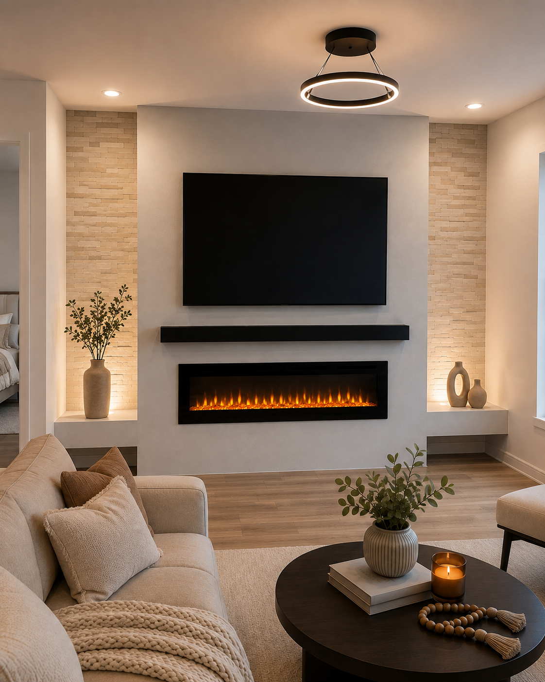 Left-angle view of the Winter Garden Custom Fireplace TV Wall with a mounted TV, stained wood mantel, linear electric fireplace, natural stone side niches, and floating display ledges.