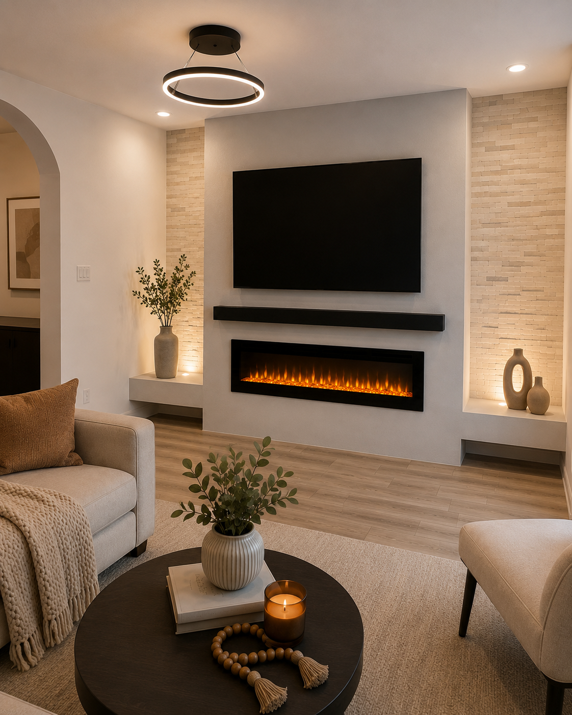 Right-angle view of the Winter Garden Custom Fireplace TV Wall showing the full-height painted center, mounted TV, linear electric fireplace, mantel, and illuminated natural stone side niches.