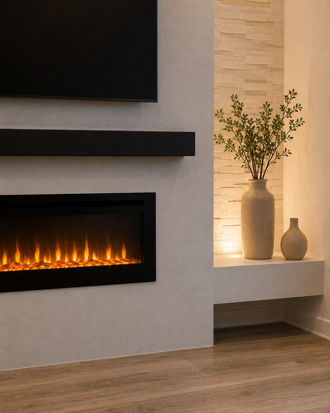 Detail view of the Winter Garden Custom Fireplace TV Wall showing the electric fireplace, stained wood mantel, natural stone niche, floating ledge, and warm accent lighting.