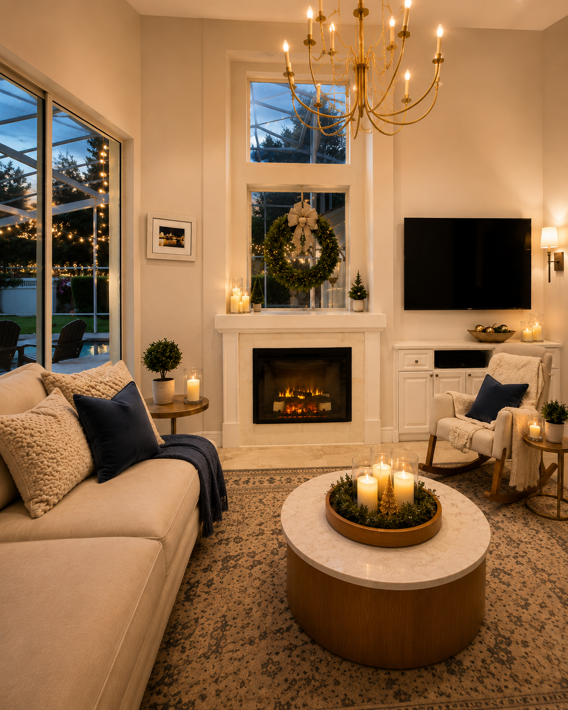 Left-angle finished view of the Winter Park Custom Fireplace Wall with the retained fireplace, light natural-stone surround, rebuilt mantel and window trim, warm ivory walls, and the adjacent TV and restored cabinetry visible at right.