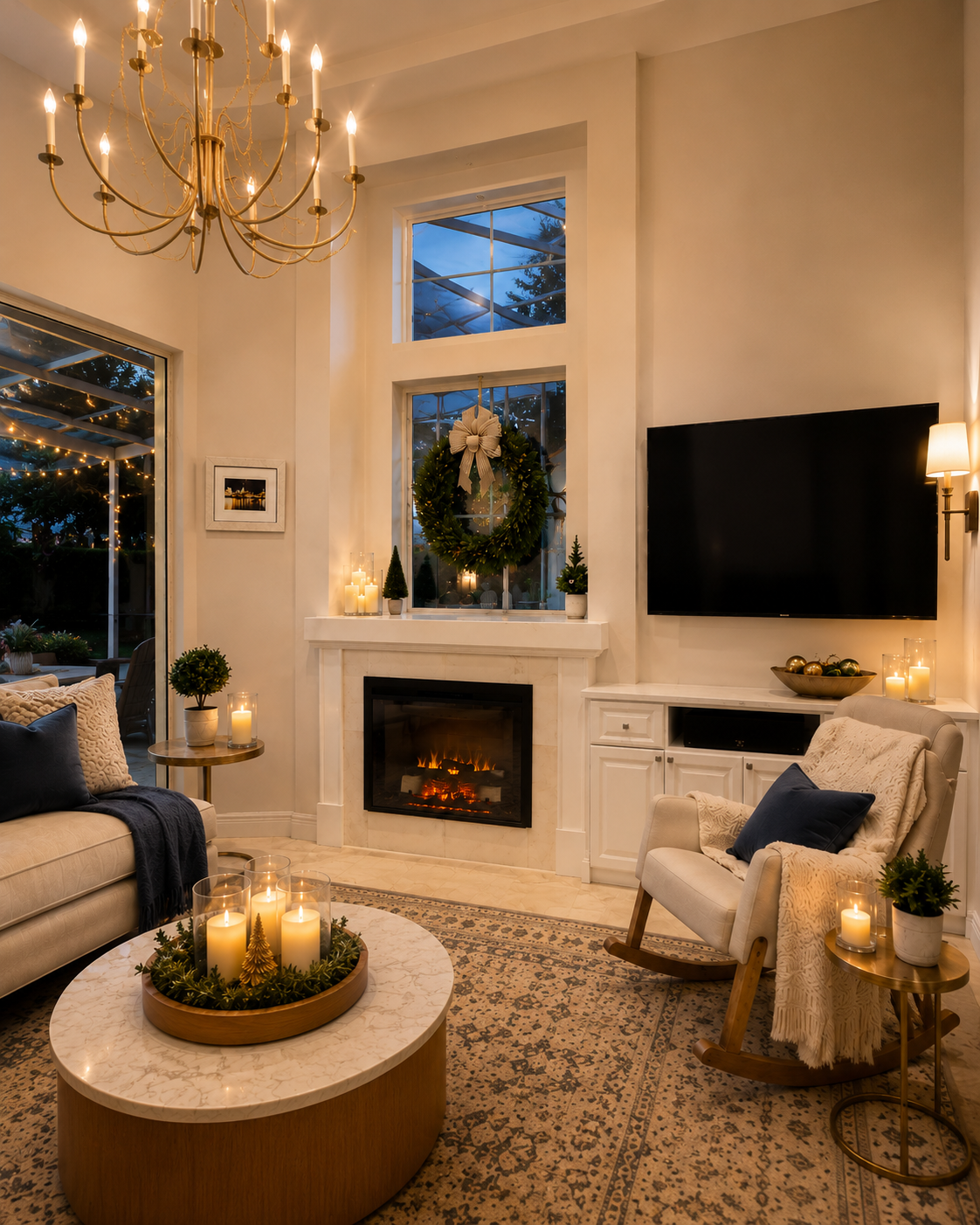 Right-angle finished view of the Winter Park Custom Fireplace Wall showing the retained firebox, light cream natural-stone cladding, rebuilt white mantel and trim, restored cabinetry and countertop, and TV rehung on the adjacent wall.