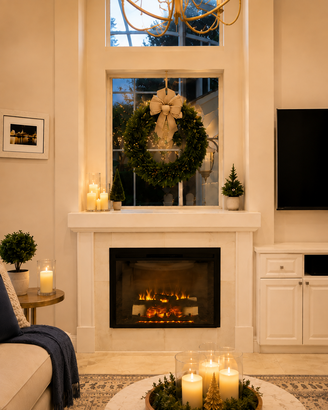 Detail of the Winter Park fireplace renovation showing the retained firebox, light cream natural-stone surround with subtle veining, rebuilt white mantel shelf and side trim, and restored cabinetry at the adjacent right wall.