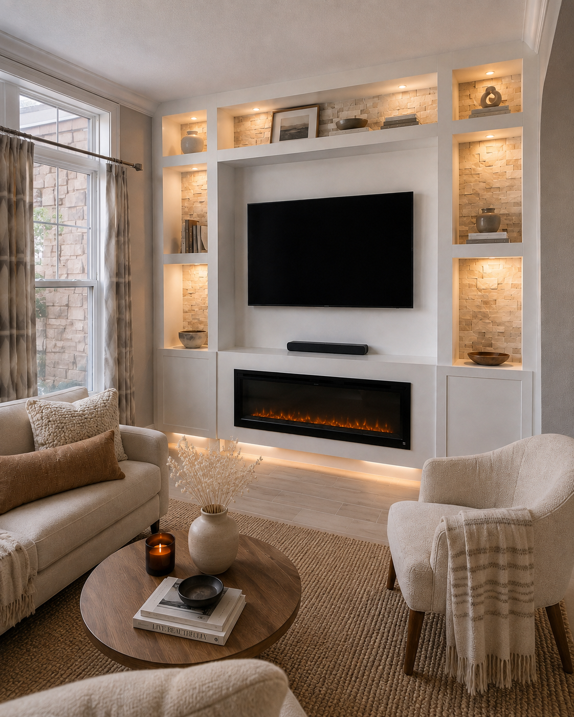 Left-angle finished view of the Winter Springs Custom Fireplace TV Wall showing the recessed TV niche, linear electric fireplace, warm-white custom cabinetry, illuminated natural-stone-backed niches, and the existing window at left.