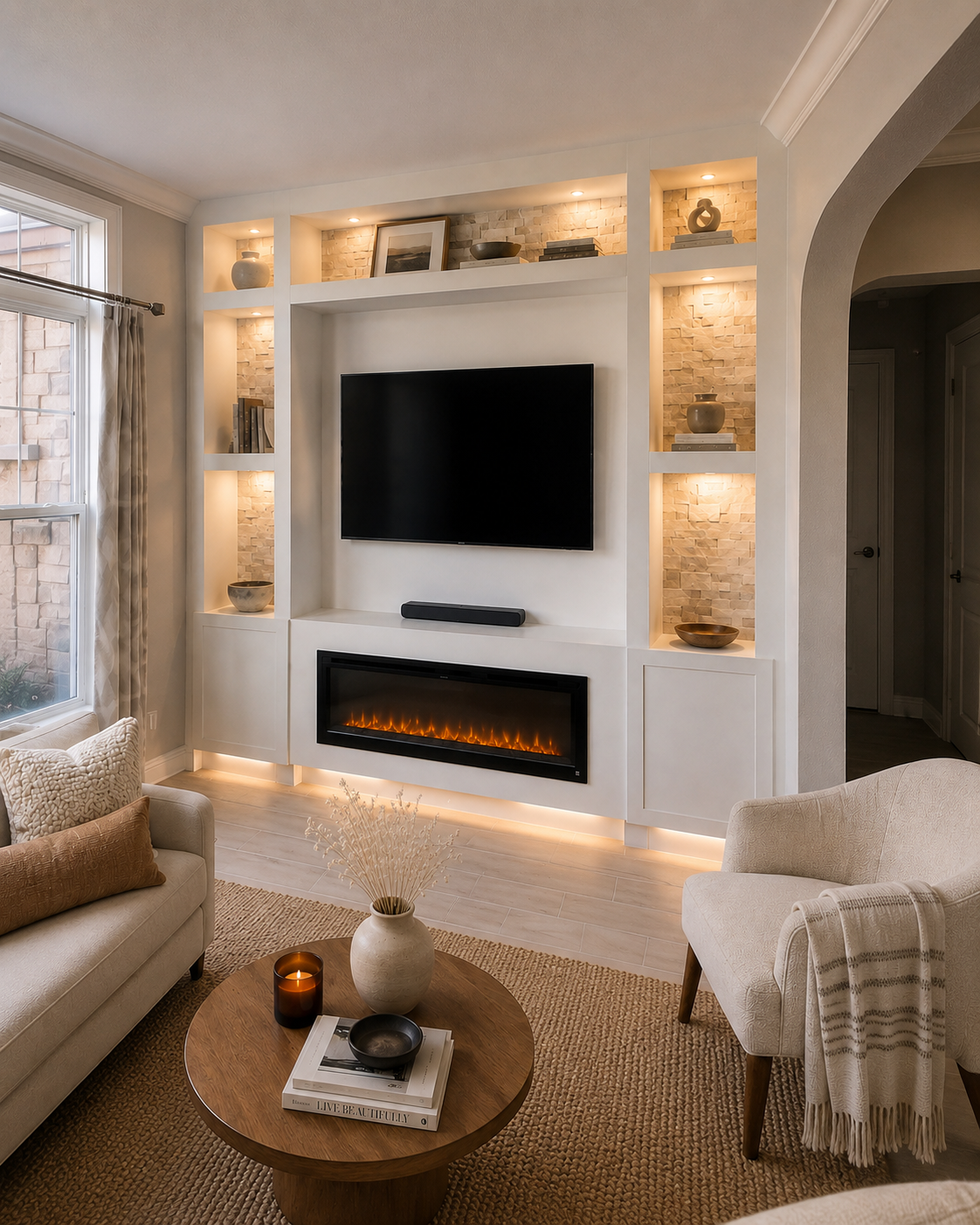 Right-angle finished view of the Winter Springs Custom Fireplace TV Wall with the recessed television, linear electric fireplace, symmetrical illuminated stone-backed niches, custom base cabinetry, and the existing arched opening at right.