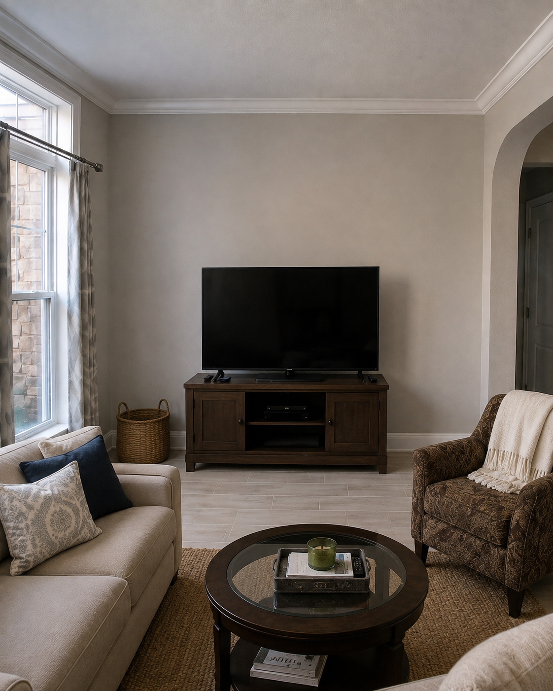 Before view of the Winter Springs living room with a gray-white blank wall, television resting on a dark freestanding media console, a window on the left, and an arched opening on the right before the custom fireplace wall was built.