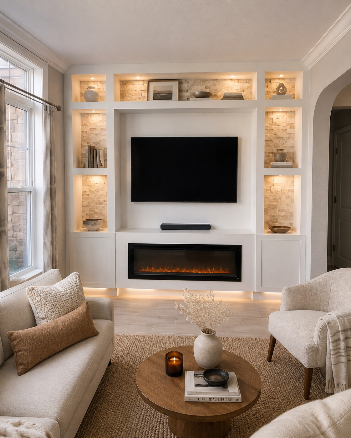 Completed Winter Springs Custom Fireplace TV Wall in a living room with a recessed TV niche, linear electric fireplace, warm-white custom millwork, illuminated natural-stone-backed display niches, and symmetrical base cabinets.