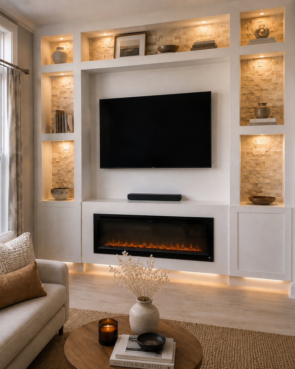 Detailed finished view of the Winter Springs fireplace TV wall showing the recessed TV niche, long linear electric fireplace, warm-white custom millwork, illuminated beige natural-stone display backs, and integrated lower lighting.