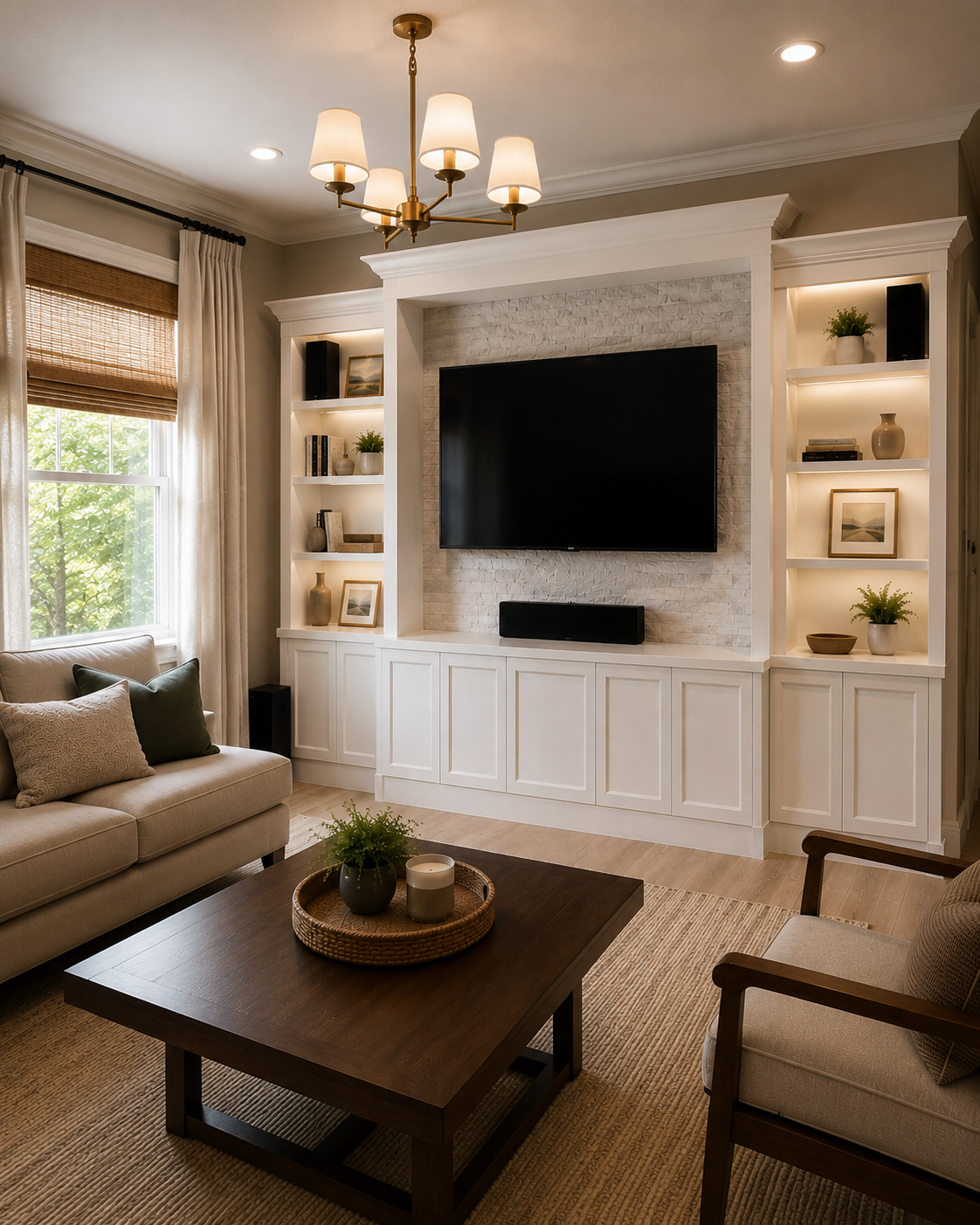 Left three-quarter view of a custom white media wall and built-ins in Sanford, Florida, showing open shelving, a stone TV surround, lower cabinetry, living room window, sofa, and coffee table.