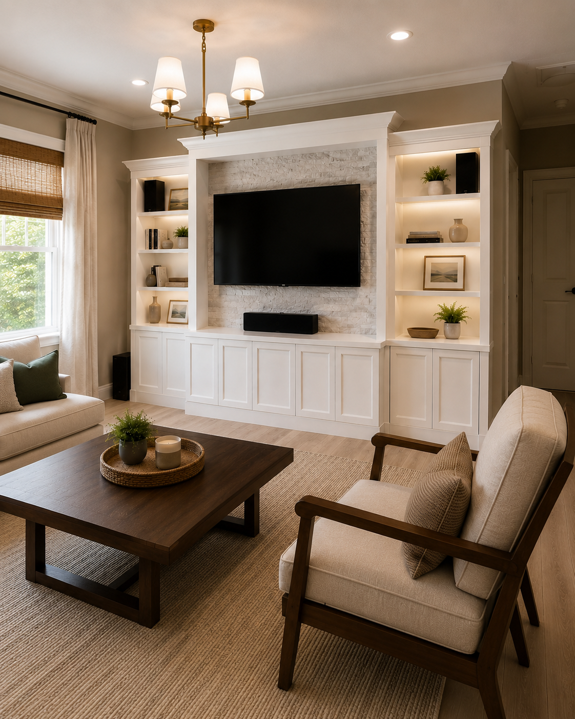 Right three-quarter view of a Sanford custom media wall with white built-ins, open display shelving, a light stone TV surround, lower cabinetry, dark wood coffee table, and upholstered accent chair.