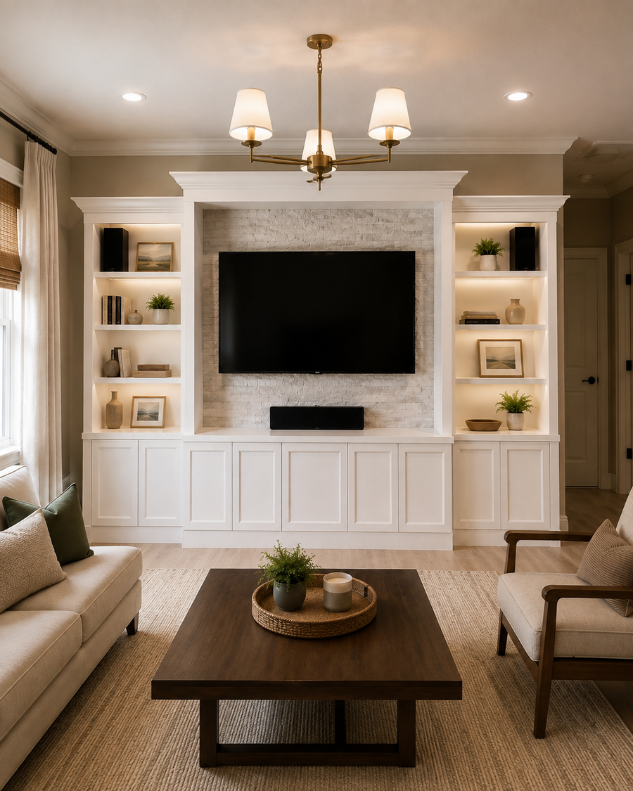Straight-on view of a custom white built-in media wall in a Sanford, Florida living room with a light stacked-stone TV surround, open display shelving, lower cabinetry, television, and soundbar.