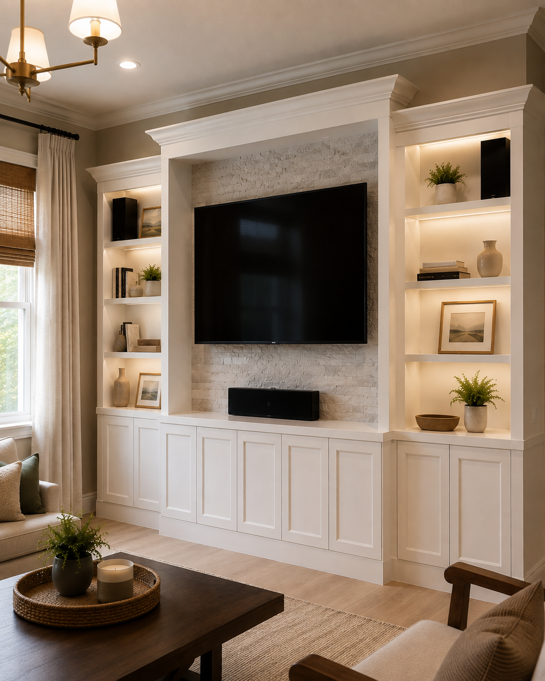 Closer detail view of a Sanford custom media wall showing white built-in cabinetry, open display shelving, a light stacked-stone TV surround, television, soundbar, architectural trim, and lower storage.
