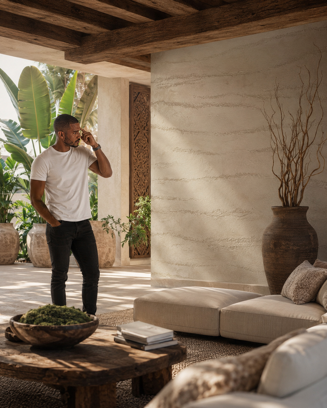 Homeowner thoughtfully reviewing a spacious covered terrace with light textured plaster, warm wood beams, tropical plants, and resort-style seating.
