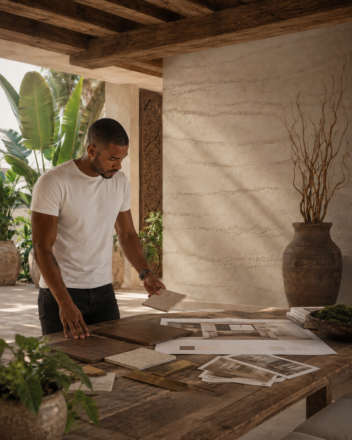 Homeowner reviewing smoky-brown wood, textured plaster, metal finishes, drawings, and material samples for a custom terrace bar.