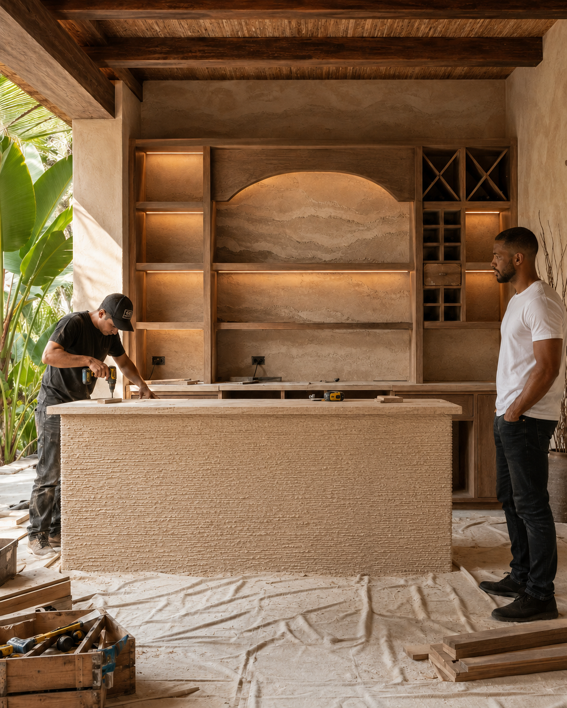 Installer building a custom covered terrace bar with smoky-brown cabinetry, illuminated shelving, protective floor covering, tools, and the homeowner reviewing progress.