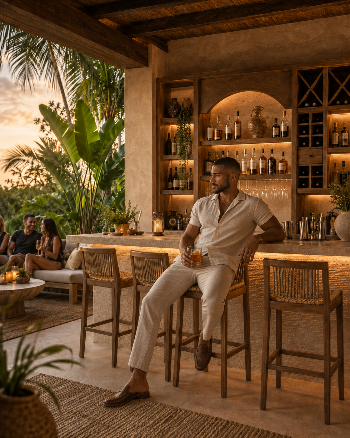 Homeowner relaxing with a cocktail at a completed tropical covered terrace bar with illuminated wood shelving, bar stools, bottles, glassware, and friends nearby.
