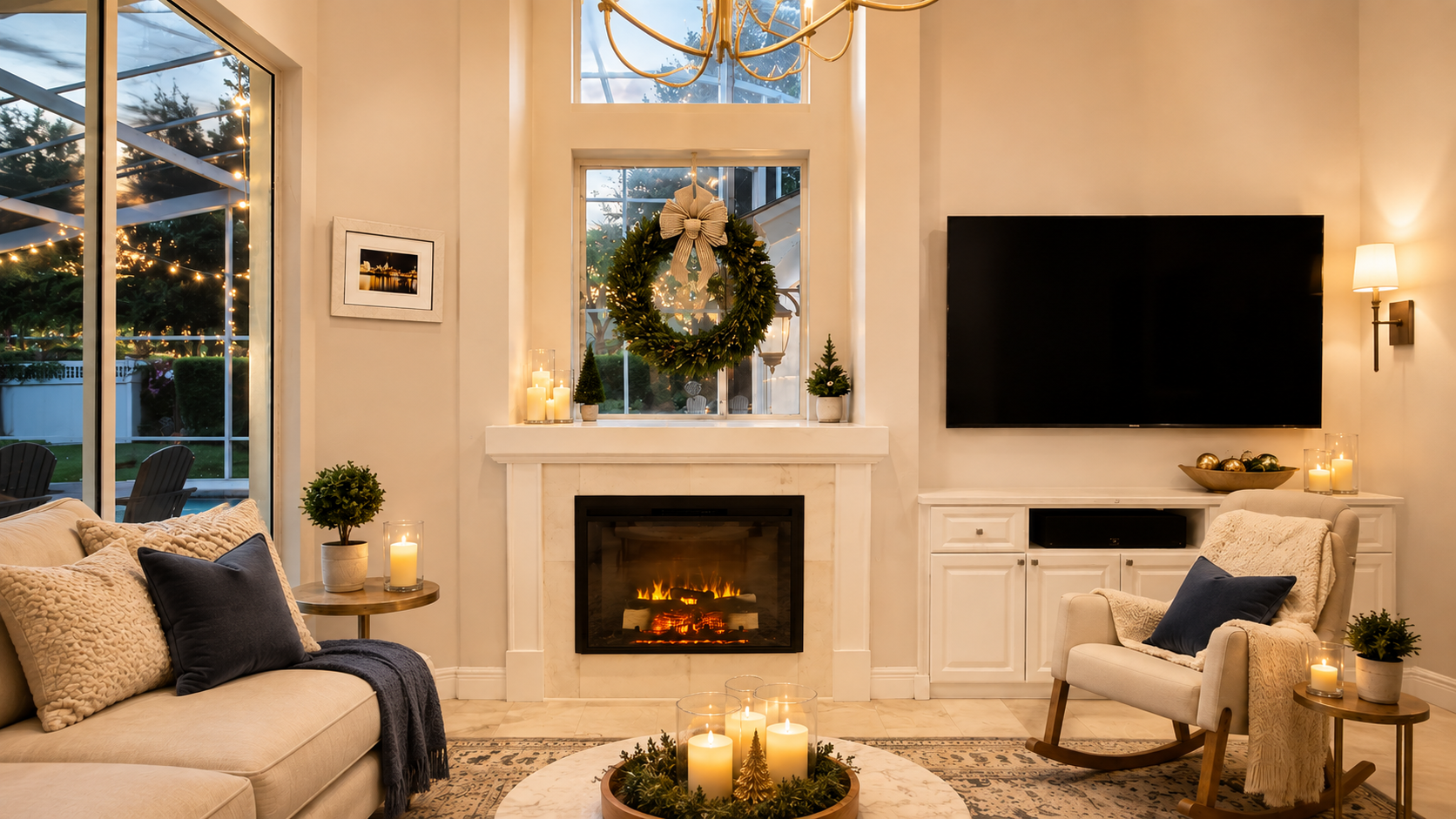 Warm custom living room with fireplace, built-ins, tall windows, and refined holiday styling.
