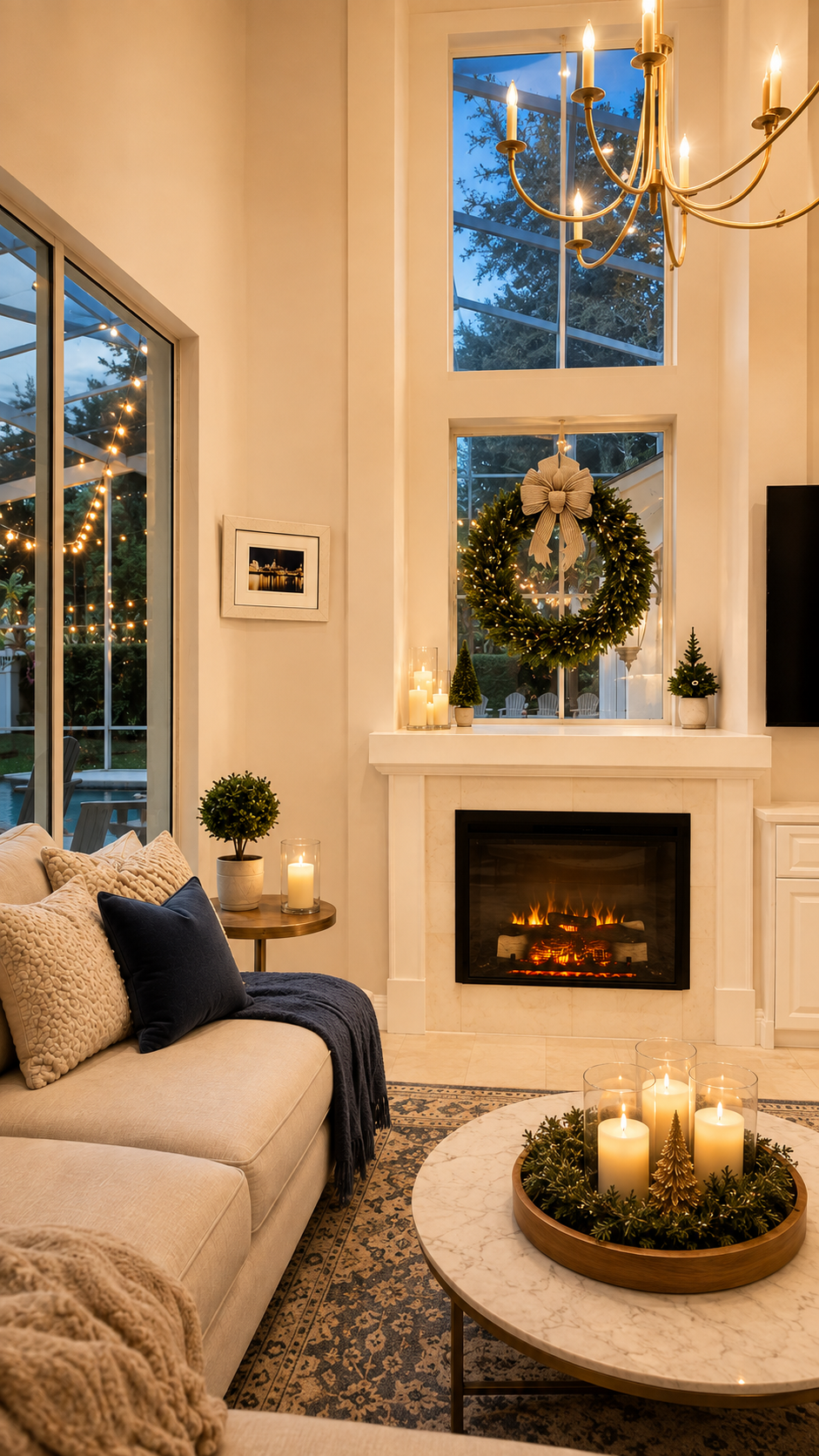 Vertical view of a warm custom living room with fireplace, tall windows, sofa, and subtle holiday styling.