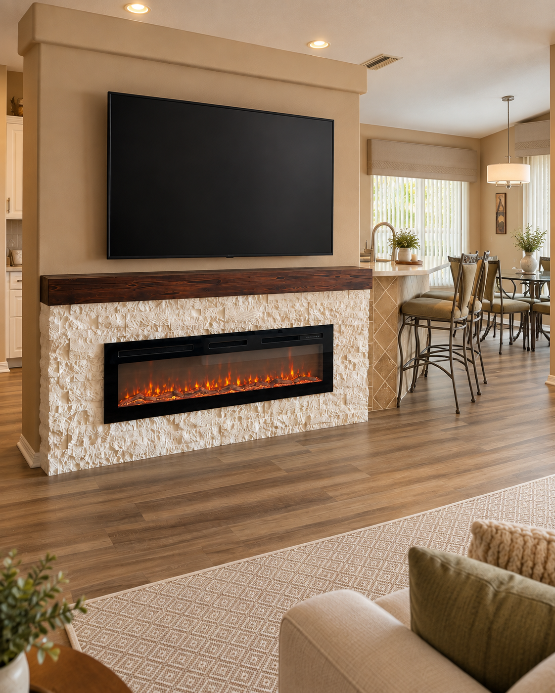 Angled view of the Fort Myers fireplace TV wall with cream textured stone and a stained mantel beside an open kitchen and breakfast bar.