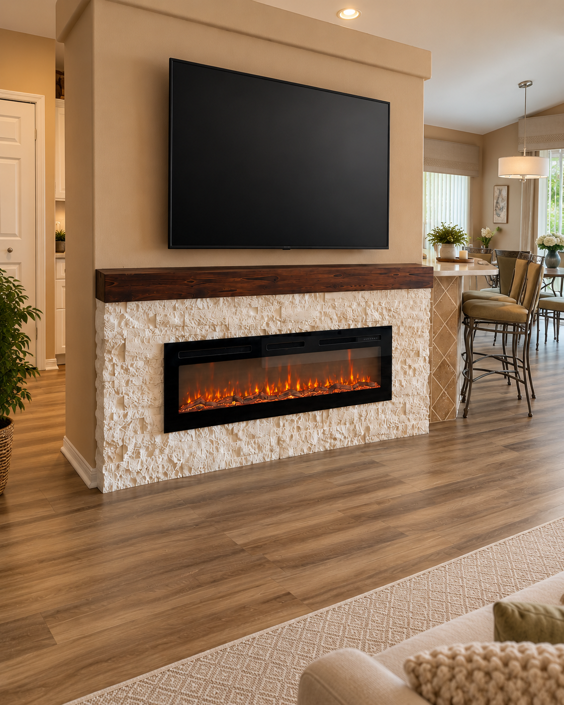 Three-quarter view of the Fort Myers natural-stone fireplace wall with the television above a stained wood mantel and an electric fireplace below.