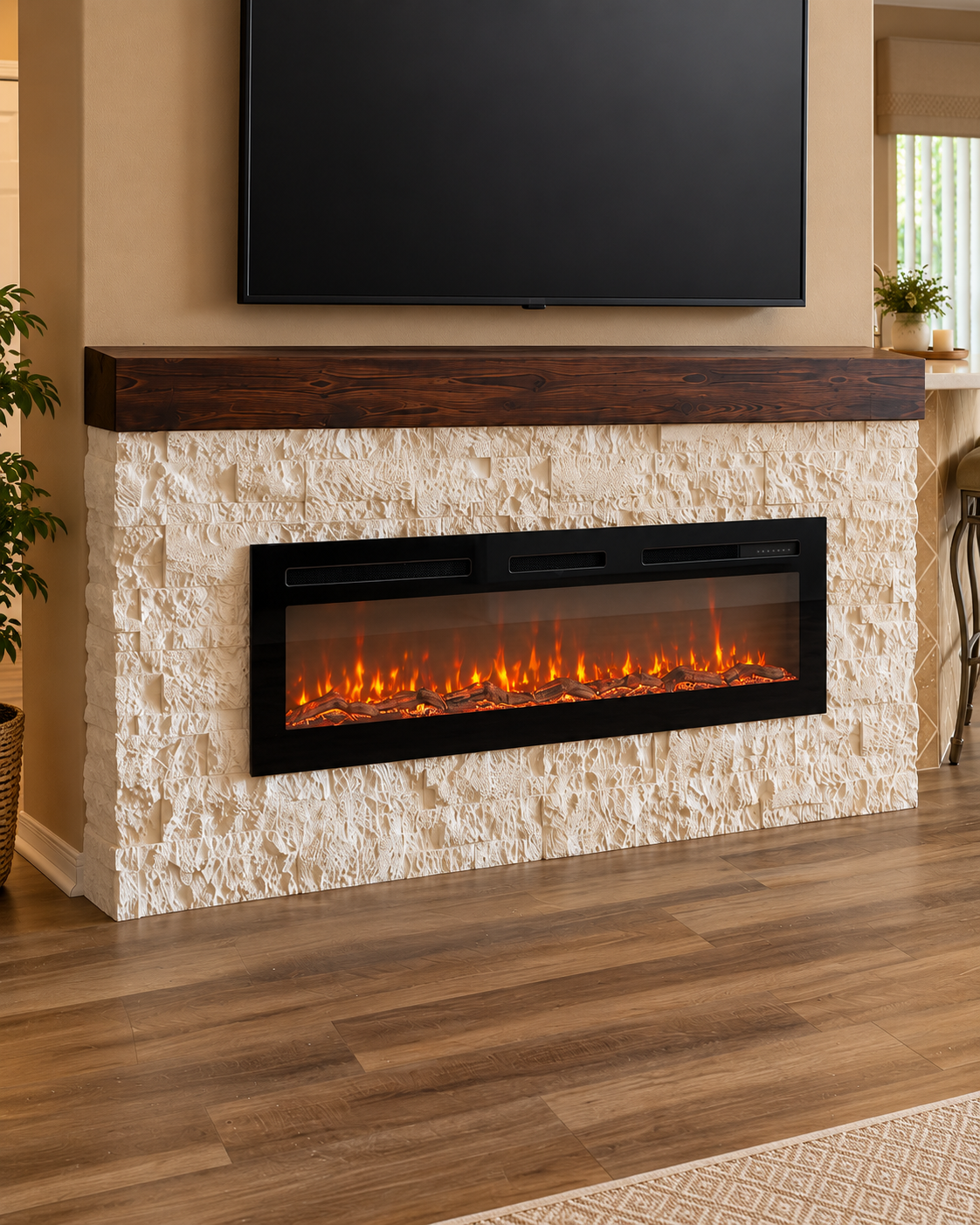Close-up of pale textured natural stone cladding beneath a dark stained wood mantel with a black linear electric fireplace and warm flames.